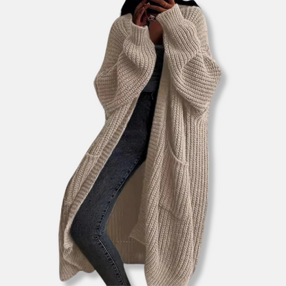 Women’s Long Knit Cardigan – Oversized Fit – Chunky Ribbed – Open Front with Pockets