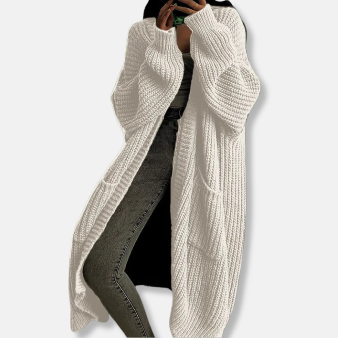 Women’s Long Knit Cardigan – Oversized Fit – Chunky Ribbed – Open Front with Pockets