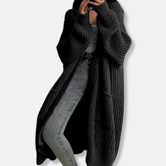 Women’s Long Knit Cardigan – Oversized Fit – Chunky Ribbed – Open Front with Pockets