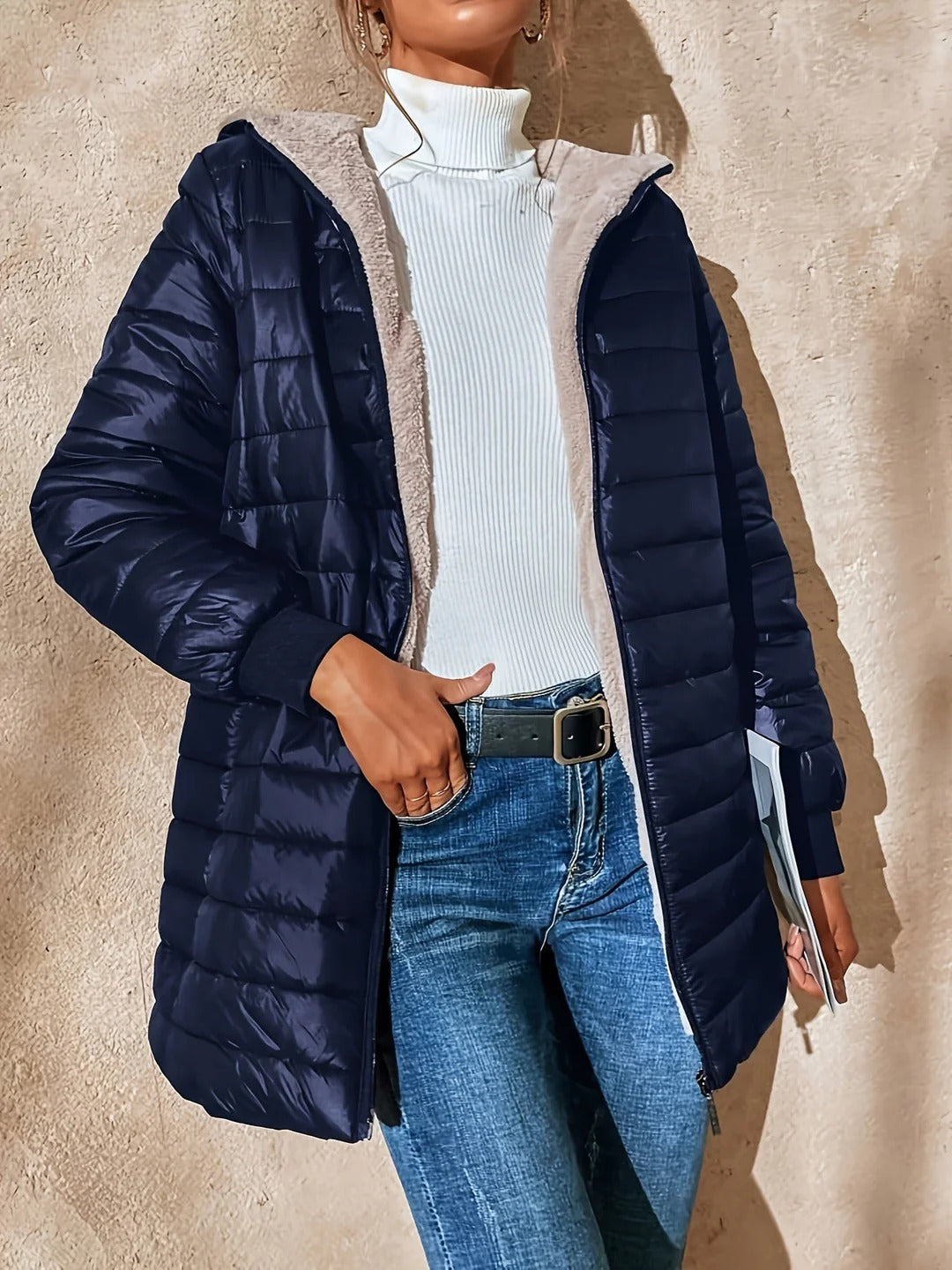 Women’s Long Padded Coat – Relaxed Fit – Fleece Lined – Ribbed Cuffs – Zip Fastening