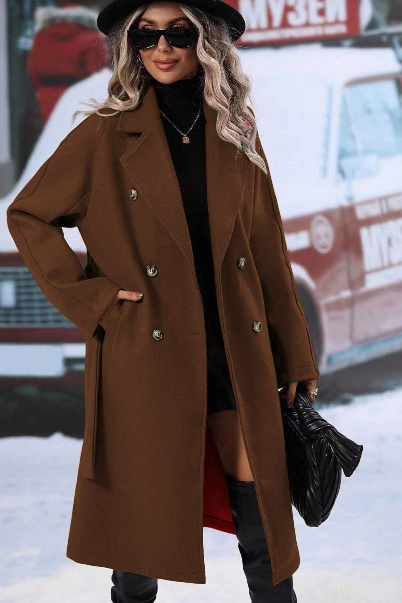 Women’s Long Wool Blend Coat - Double-Breasted - Notched Lapel - Relaxed Fit - Belted