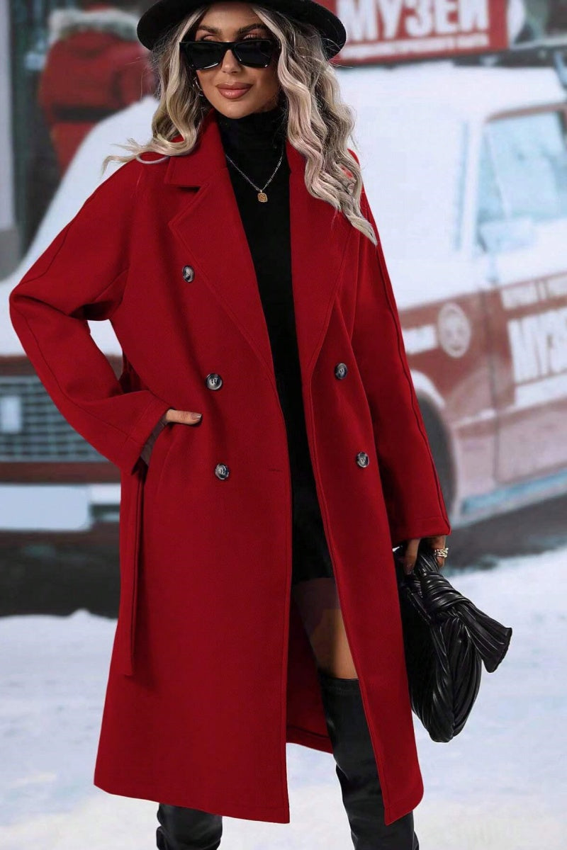 Women’s Long Wool Blend Coat - Double-Breasted - Notched Lapel - Relaxed Fit - Belted