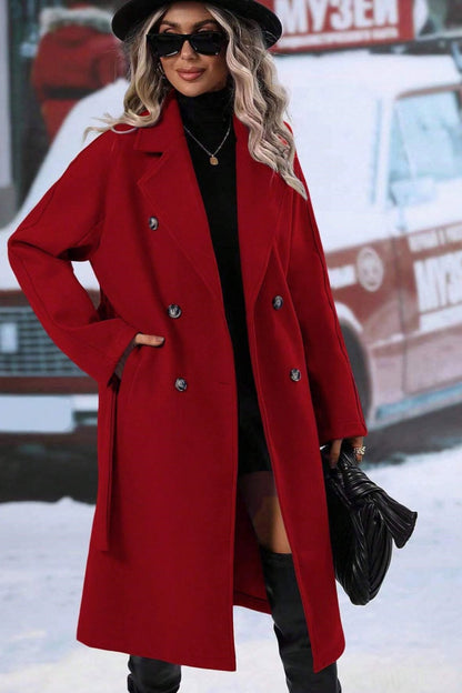 Women’s Long Wool Blend Coat - Double-Breasted - Notched Lapel - Relaxed Fit - Belted