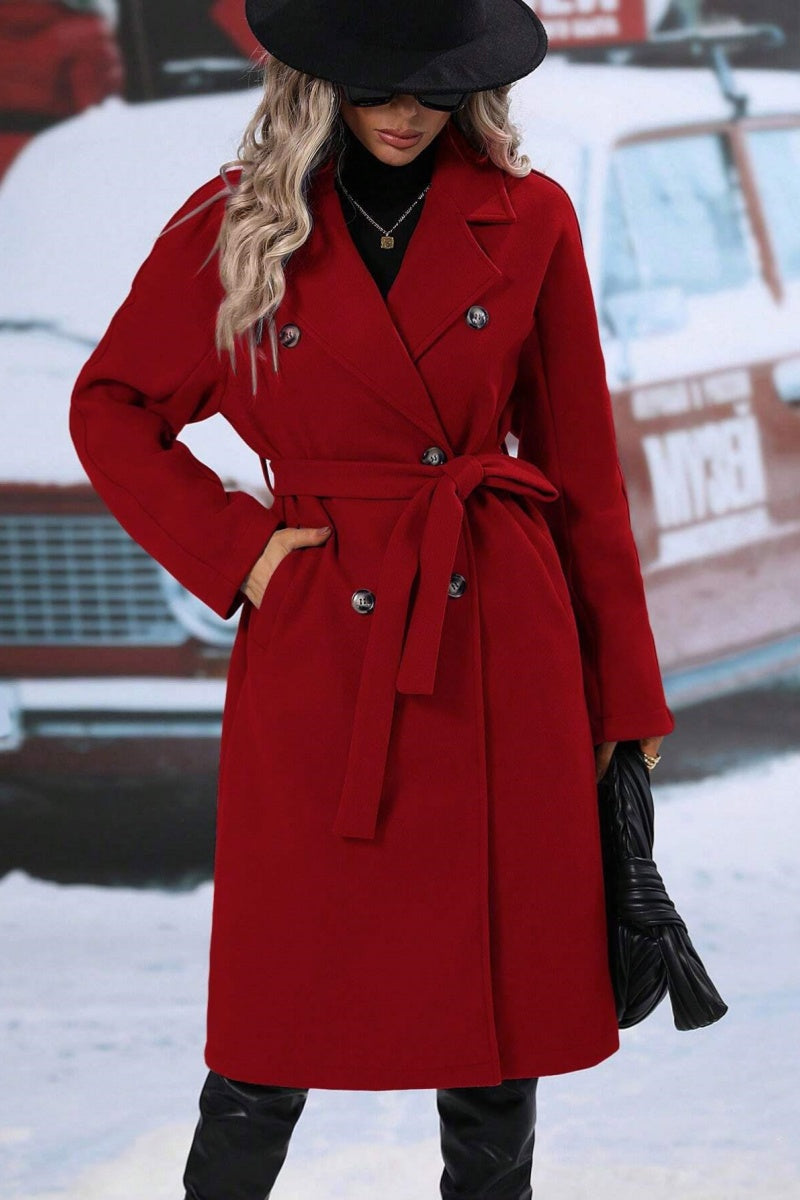 Women’s Long Wool Blend Coat - Double-Breasted - Notched Lapel - Relaxed Fit - Belted