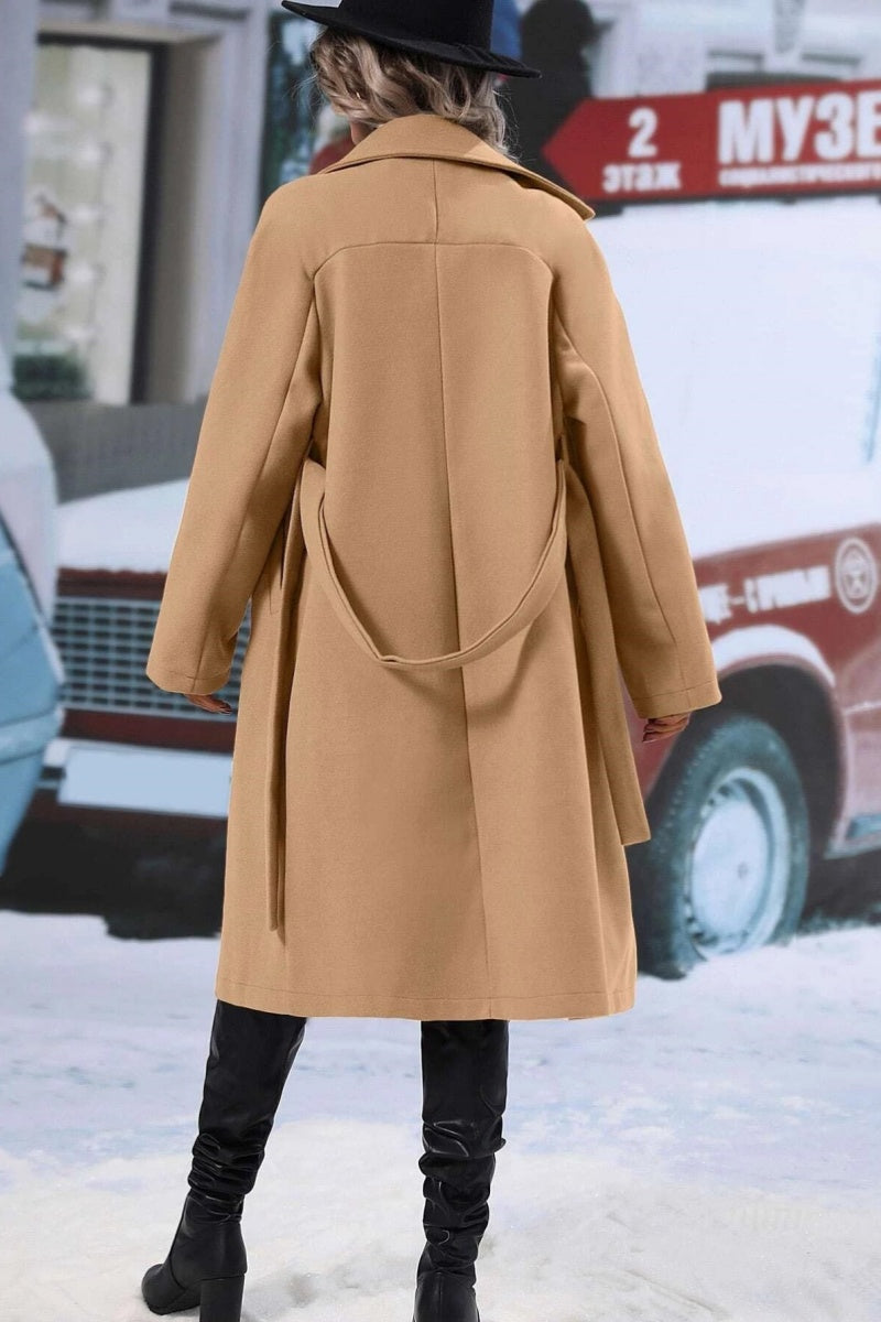 Women’s Long Wool Blend Coat - Double-Breasted - Notched Lapel - Relaxed Fit - Belted
