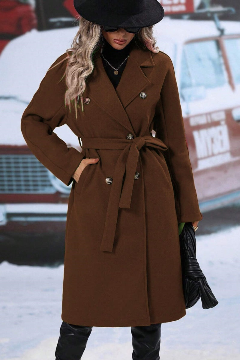 Women’s Long Wool Blend Coat - Double-Breasted - Notched Lapel - Relaxed Fit - Belted