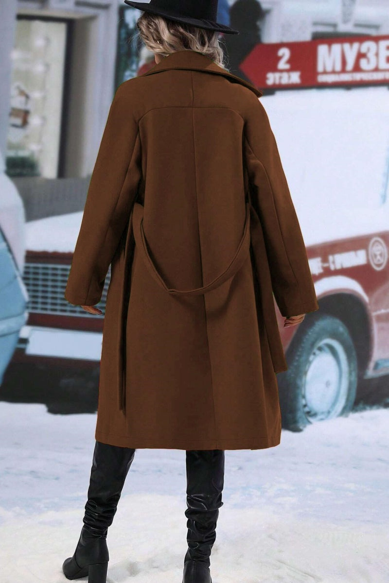 Women’s Long Wool Blend Coat - Double-Breasted - Notched Lapel - Relaxed Fit - Belted