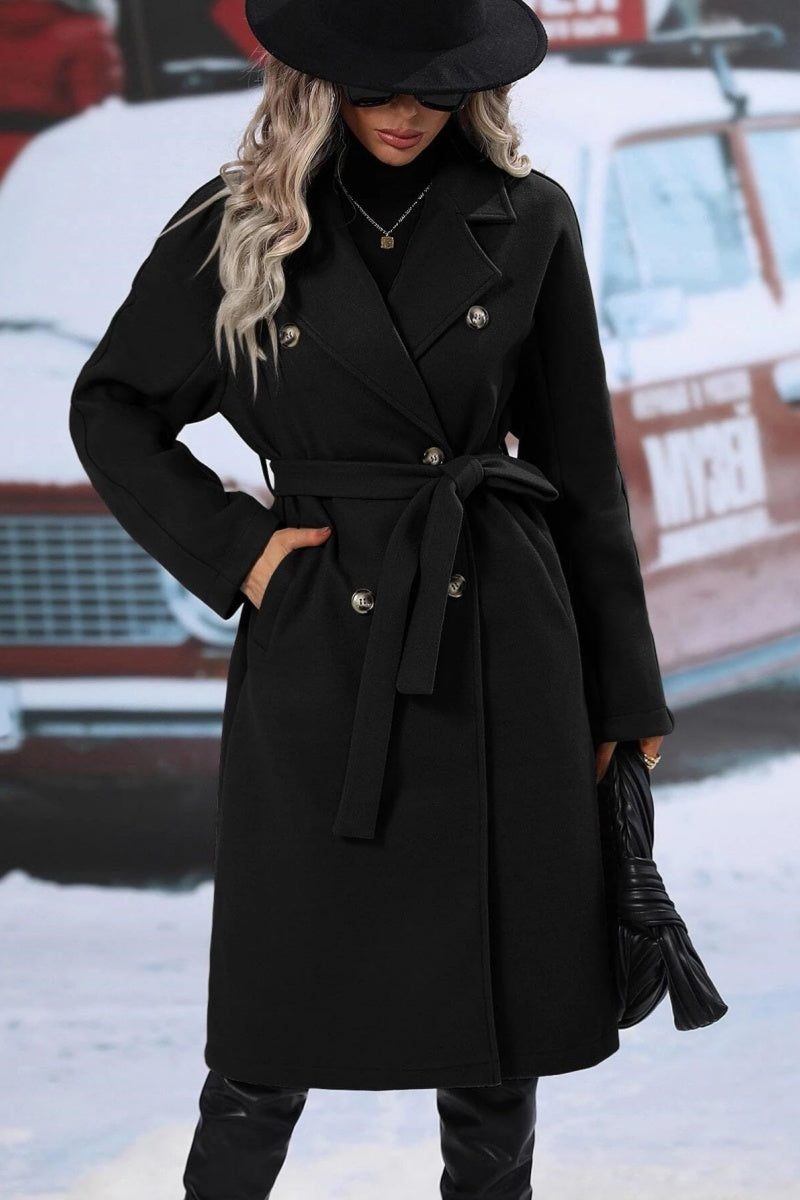 Women’s Long Wool Blend Coat - Double-Breasted - Notched Lapel - Relaxed Fit - Belted