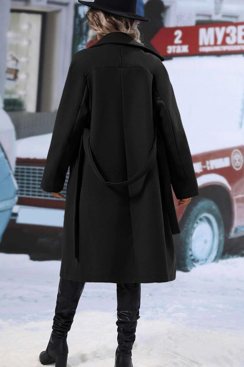 Women’s Long Wool Blend Coat - Double-Breasted - Notched Lapel - Relaxed Fit - Belted