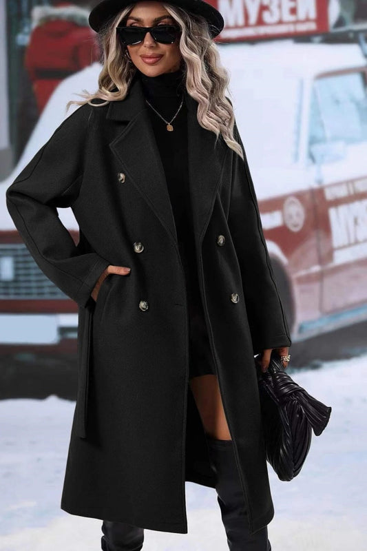 Women’s Long Wool Blend Coat - Double-Breasted - Notched Lapel - Relaxed Fit - Belted