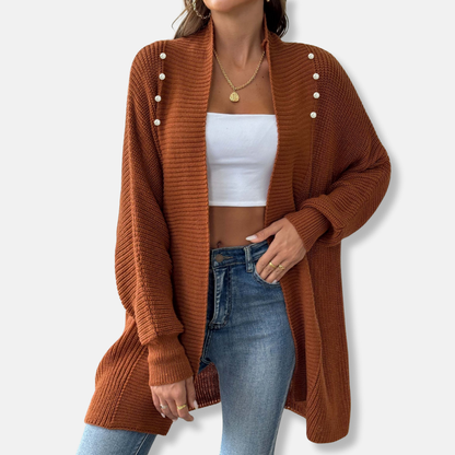 Women’s Longline Cardigan – Chunky Ribbed Knit – Shawl Collar – Pearl Button Accent – Loose Fit