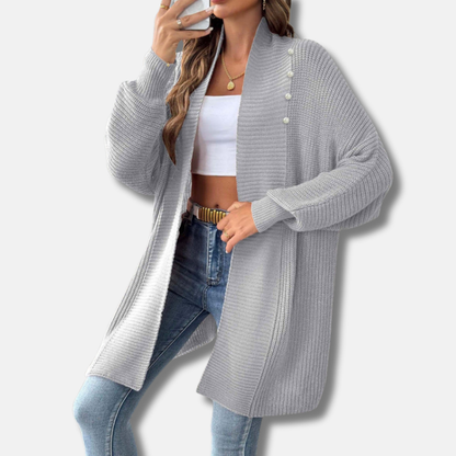 Women’s Longline Cardigan – Chunky Ribbed Knit – Shawl Collar – Pearl Button Accent – Loose Fit