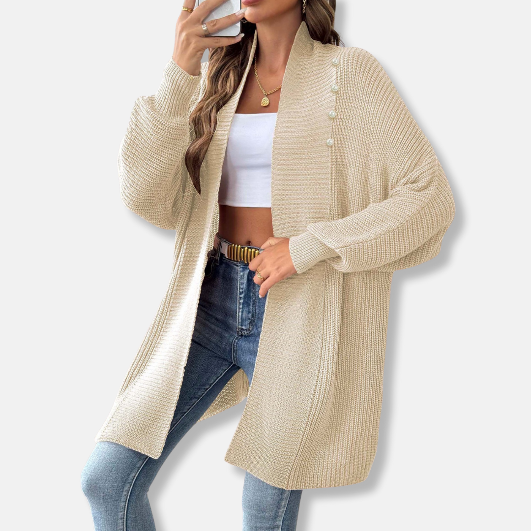 Women’s Longline Cardigan – Chunky Ribbed Knit – Shawl Collar – Pearl Button Accent – Loose Fit