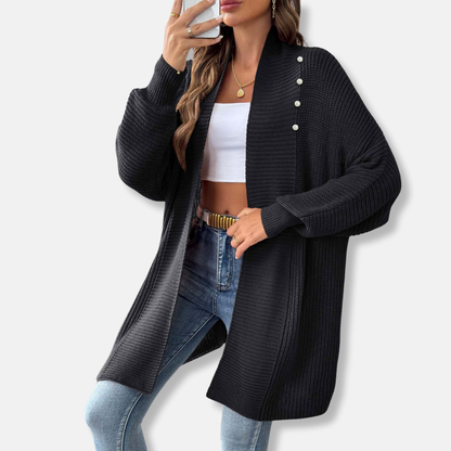 Women’s Longline Cardigan – Chunky Ribbed Knit – Shawl Collar – Pearl Button Accent – Loose Fit