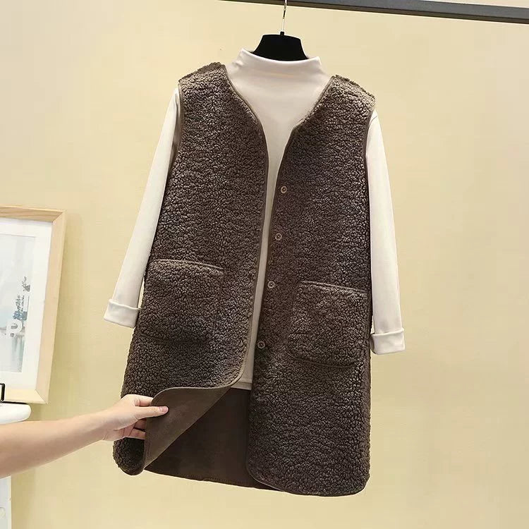 Women’s Longline Vest – Textured Fleece – Relaxed Fit – Open Front with Patch Pockets