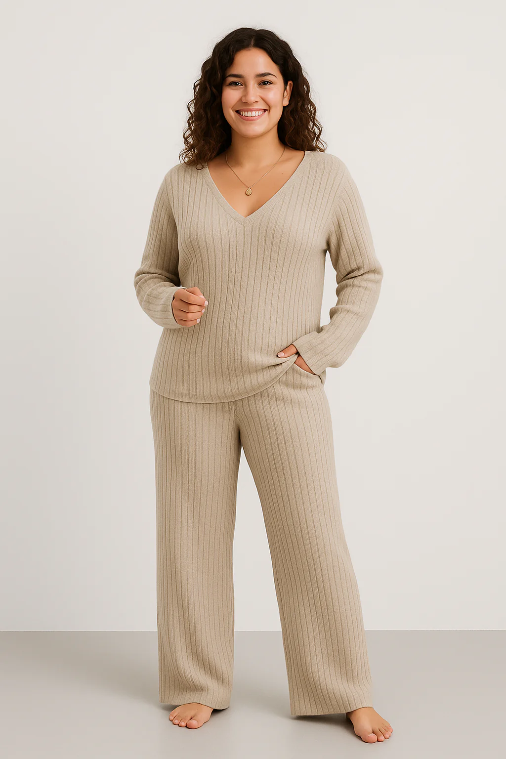 Women’s Lounge Set – Ribbed Knit – Relaxed Fit – V-Neck Top – Wide Leg Trousers