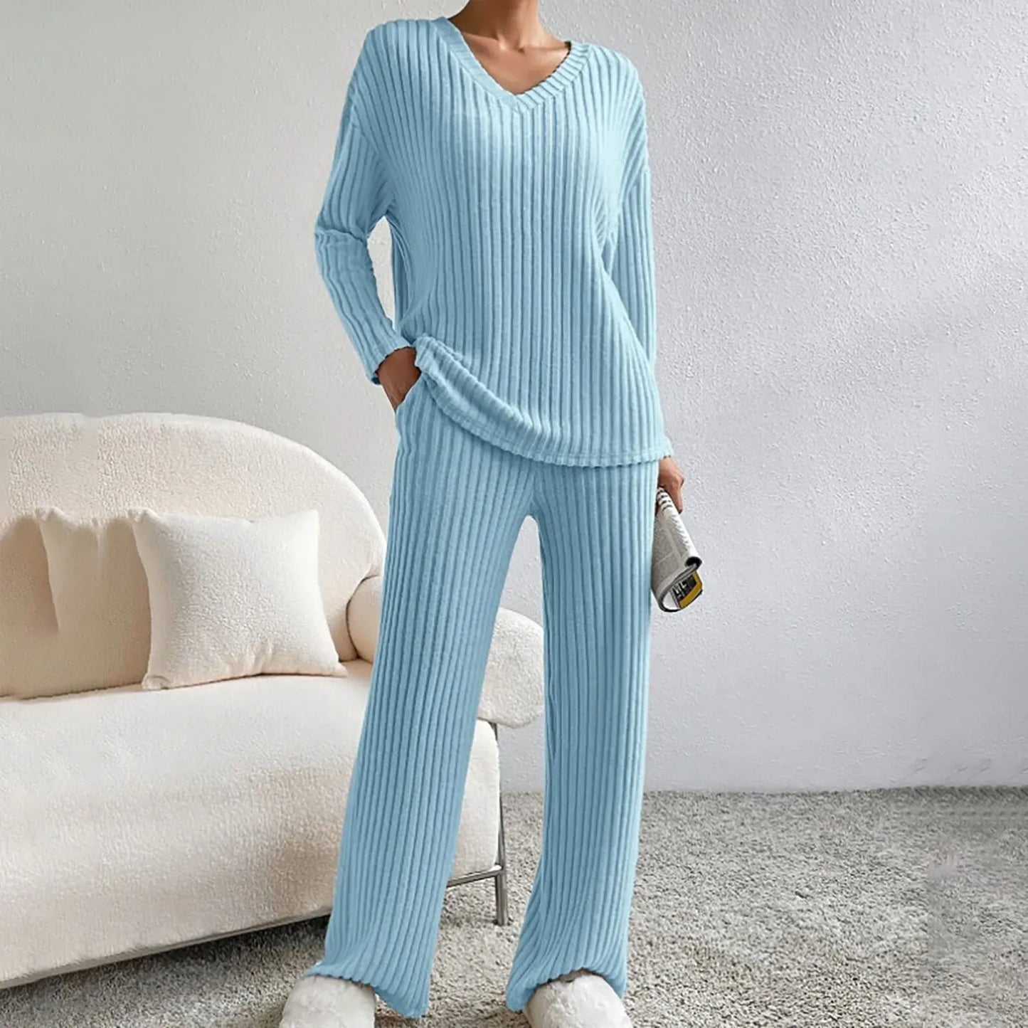 Women’s Lounge Set – Ribbed Knit – Relaxed Fit – V-Neck Top – Wide Leg Trousers