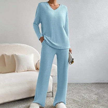 Women’s Lounge Set – Ribbed Knit – Relaxed Fit – V-Neck Top – Wide Leg Trousers