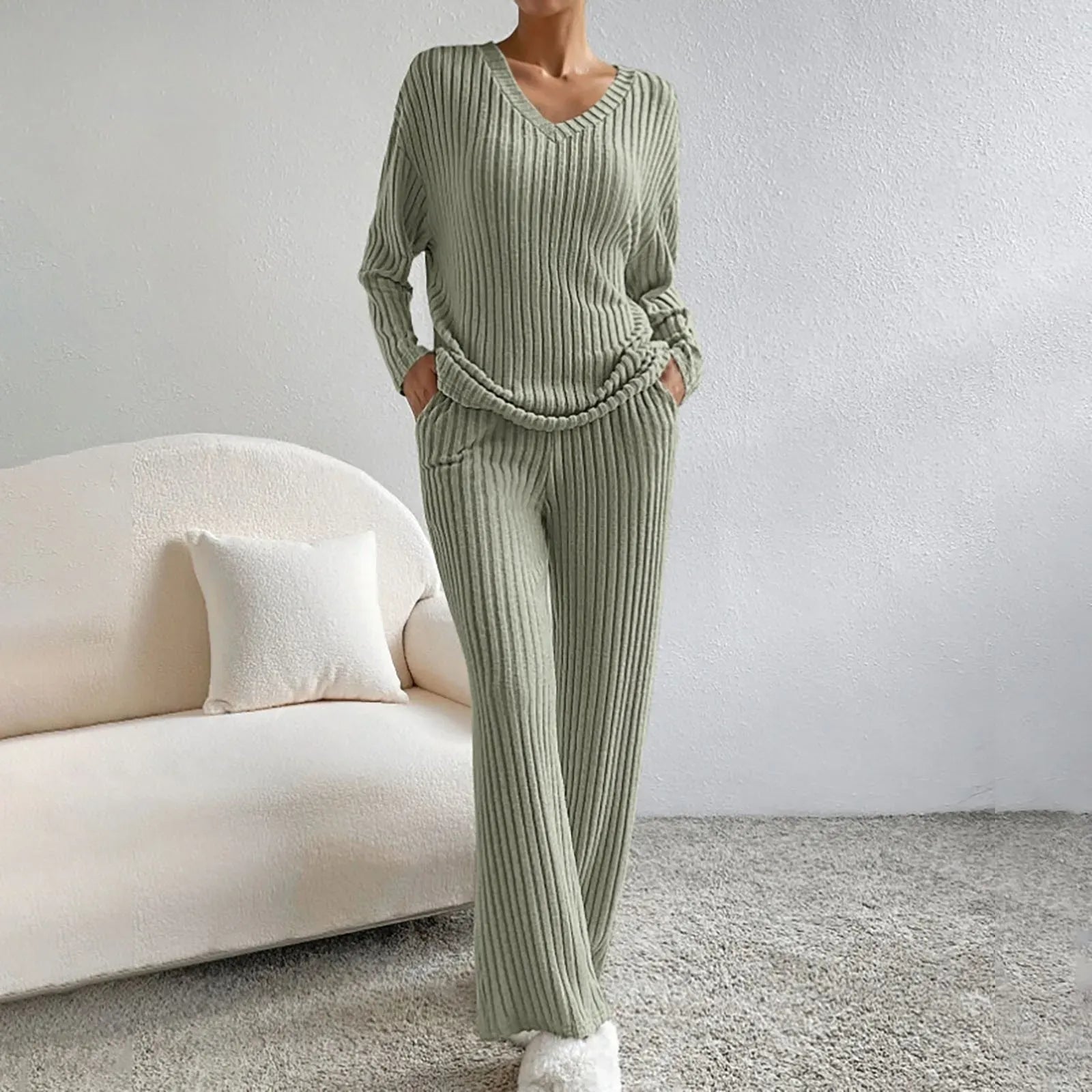 Women’s Lounge Set – Ribbed Knit – Relaxed Fit – V-Neck Top – Wide Leg Trousers