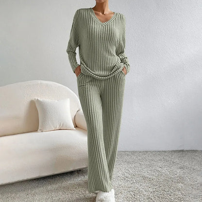 Women’s Lounge Set – Ribbed Knit – Relaxed Fit – V-Neck Top – Wide Leg Trousers