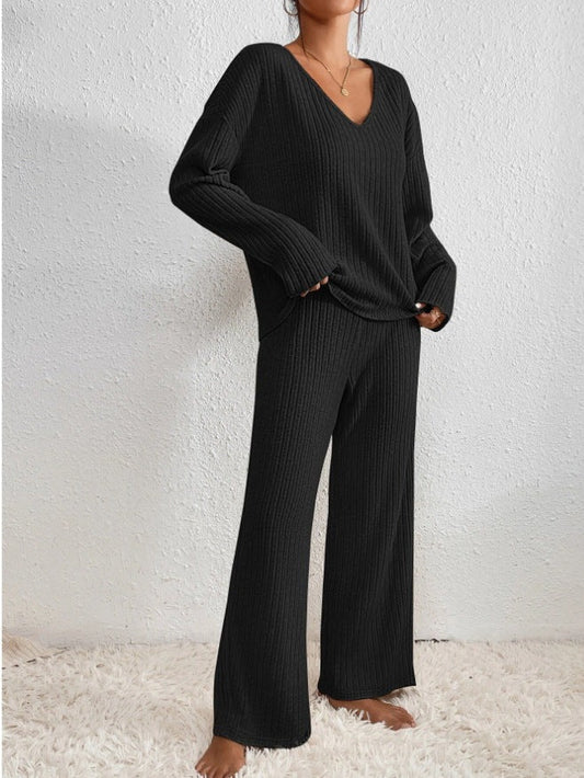 Women’s Lounge Set – Ribbed Knit – Relaxed Fit – V-Neck Top – Wide Leg Trousers