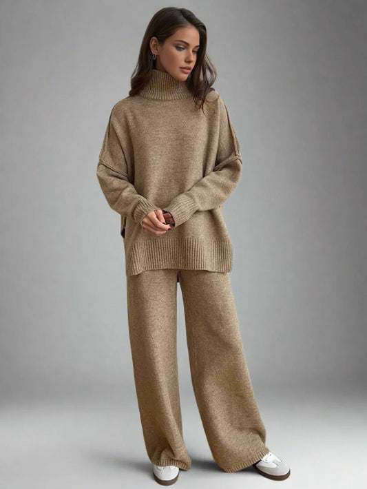 Women’s Lounge Set – Soft Knit – Oversized Turtleneck – Wide-Leg Trousers