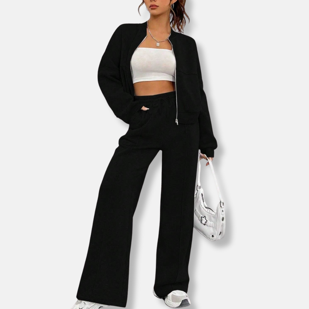 Women’s Loungewear Set – Relaxed Bomber Jacket – High-Waisted Wide-Leg Trousers