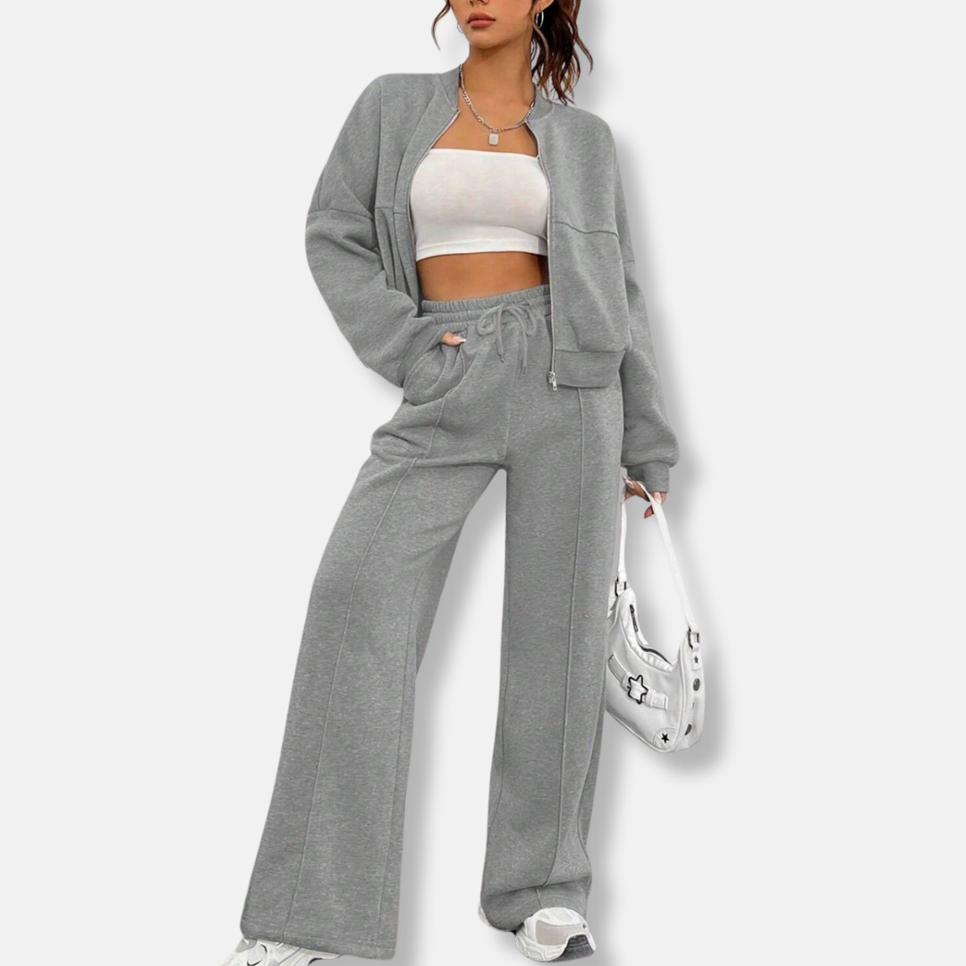 Women’s Loungewear Set – Relaxed Bomber Jacket – High-Waisted Wide-Leg Trousers