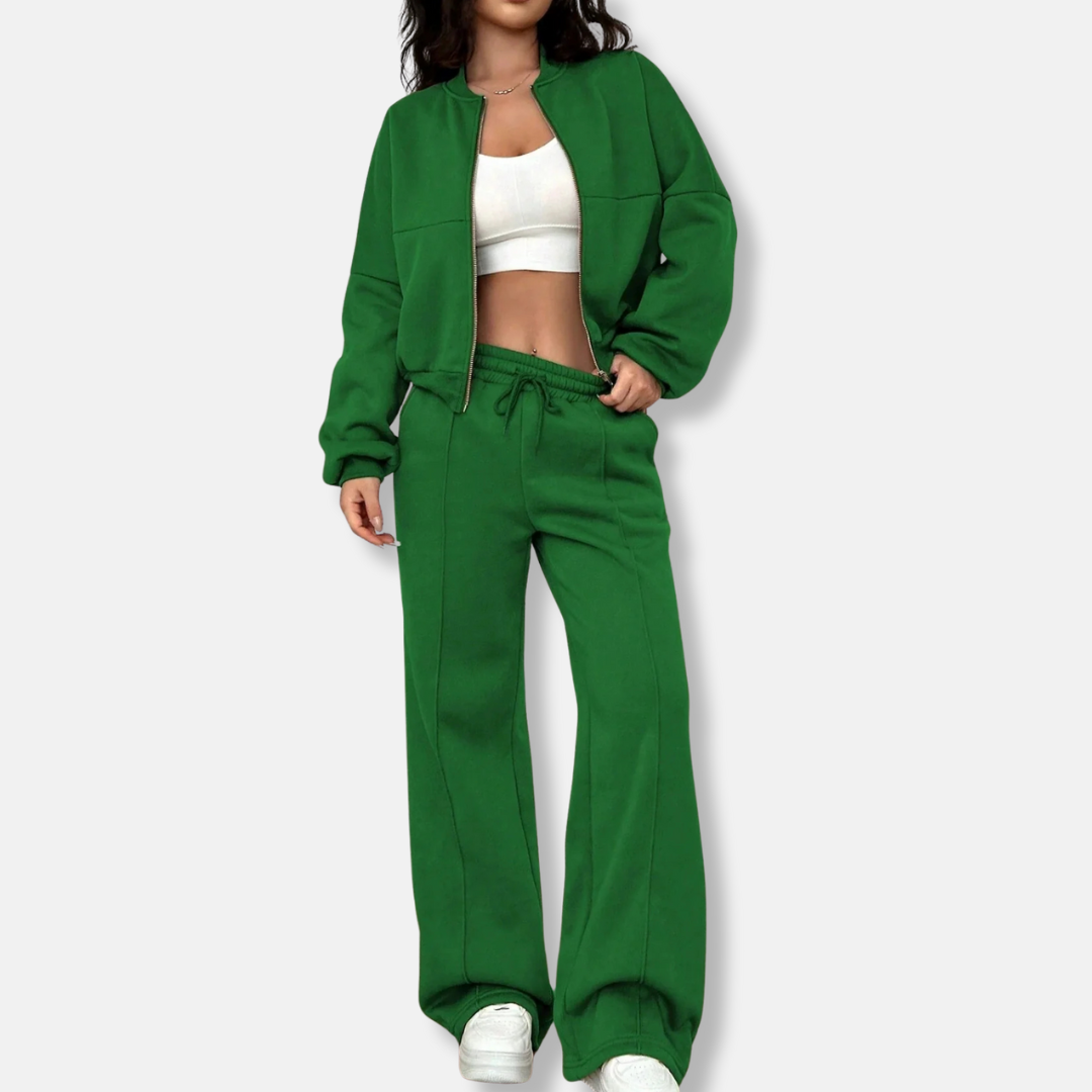 Women’s Loungewear Set – Relaxed Bomber Jacket – High-Waisted Wide-Leg Trousers