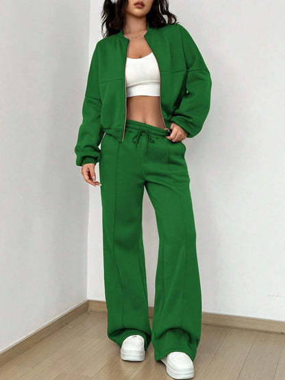 Women’s Loungewear Set – Relaxed Bomber Jacket – High-Waisted Wide-Leg Trousers