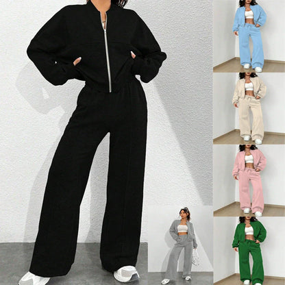 Women’s Loungewear Set – Relaxed Bomber Jacket – High-Waisted Wide-Leg Trousers