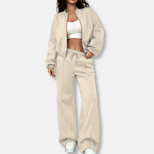 Women’s Loungewear Set – Relaxed Bomber Jacket – High-Waisted Wide-Leg Trousers