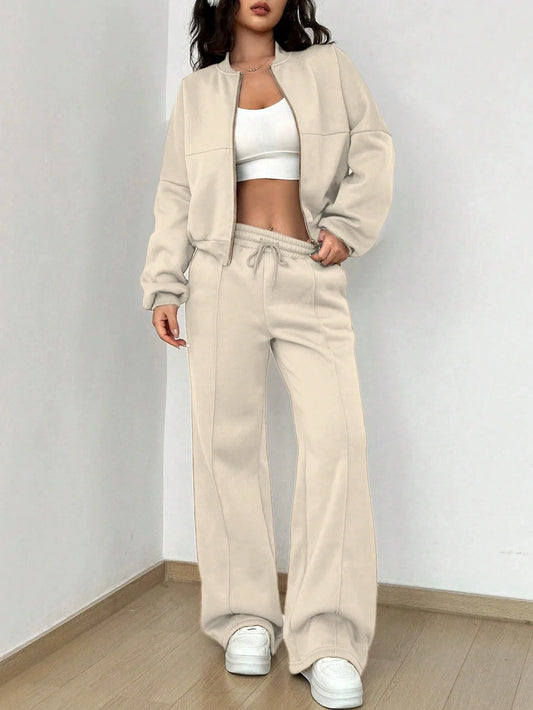 Women’s Loungewear Set – Relaxed Bomber Jacket – High-Waisted Wide-Leg Trousers