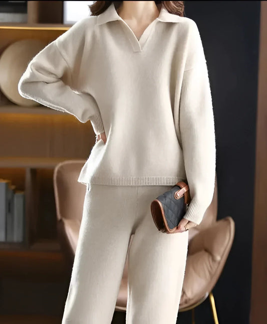Women’s Loungewear Set – Soft Knit – Relaxed Fit V-Neck Sweater – Straight Leg Trousers