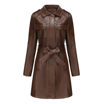 Women’s Medium-Length Coat – Structured Fit – Leather-Look – Zipper – Point Collar