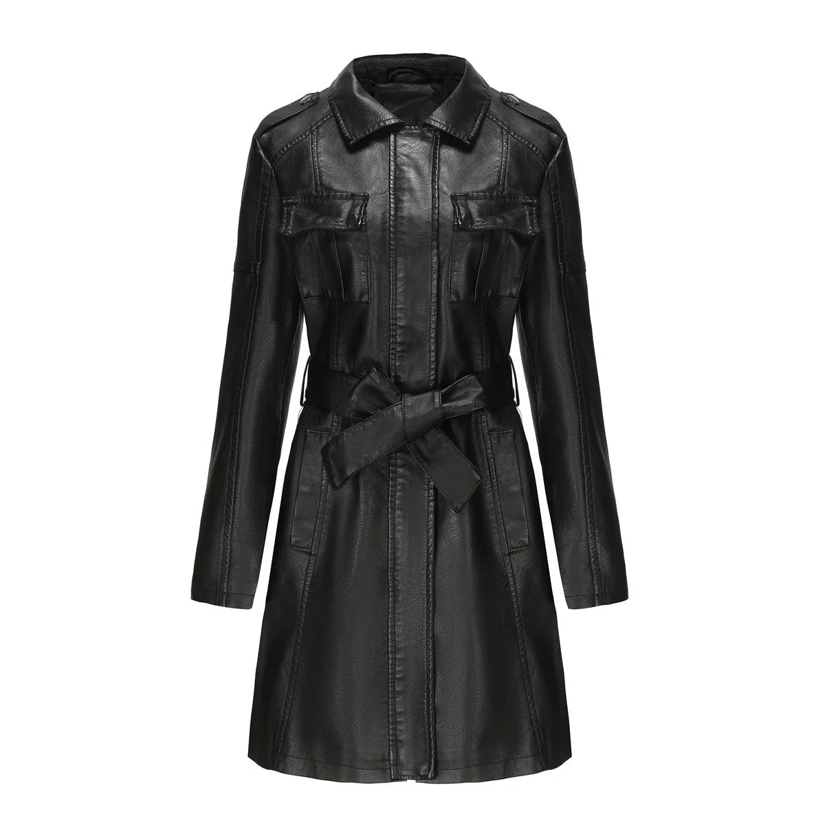 Women’s Medium-Length Coat – Structured Fit – Leather-Look – Zipper – Point Collar