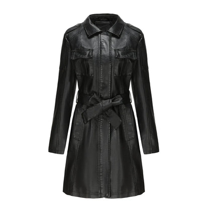 Women’s Medium-Length Coat – Structured Fit – Leather-Look – Zipper – Point Collar