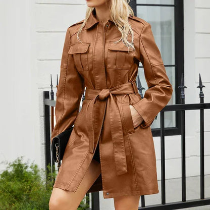 Women’s Mid-Length Coat – Structured Fit – Faux Leather Look – Pointed Collar – Epaulets