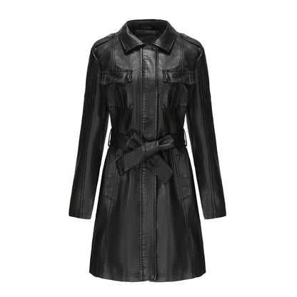 Women’s Mid-Length Coat – Structured Fit – Faux Leather Look – Pointed Collar – Epaulets