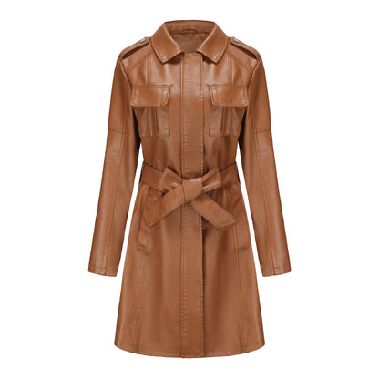 Women’s Mid-Length Coat – Structured Fit – Faux Leather Look – Pointed Collar – Epaulets
