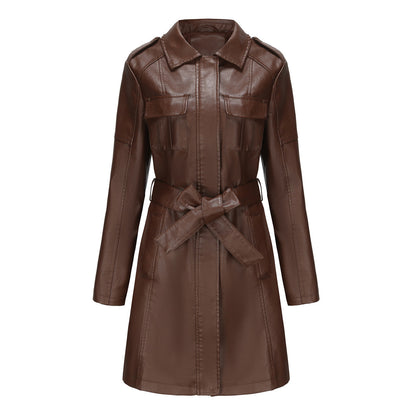 Women’s Mid-Length Coat – Structured Fit – Faux Leather Look – Pointed Collar – Epaulets