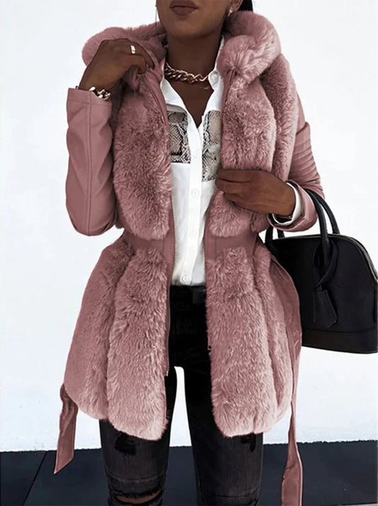 Women’s Mid-Length Coat – Tailored Fit – Imitation Fur Front – Belted Waist – Long Sleeve