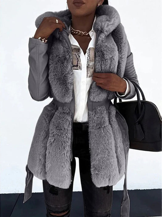 Women’s Mid-Length Coat – Tailored Fit – Imitation Fur Front – Belted Waist – Long Sleeve