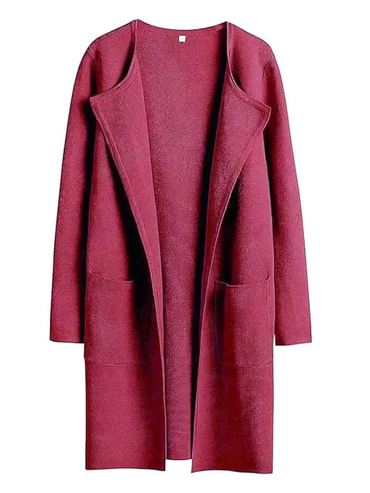 Women’s Open-Front Cardigan – Relaxed Fit – Wool Touch – Mid Length – Patch Pockets