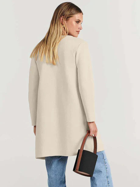 Women’s Open-Front Cardigan – Relaxed Fit – Wool Touch – Mid Length – Patch Pockets