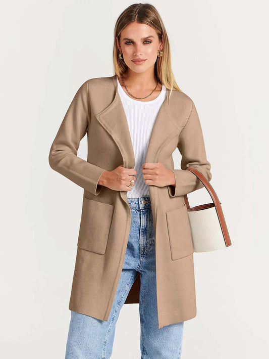 Women’s Open-Front Cardigan – Relaxed Fit – Wool Touch – Mid Length – Patch Pockets