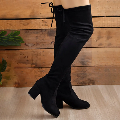 Women’s Over-the-Knee Boots – Stretch Fit – Faux Suede – Block Heel – Lace-Up Back