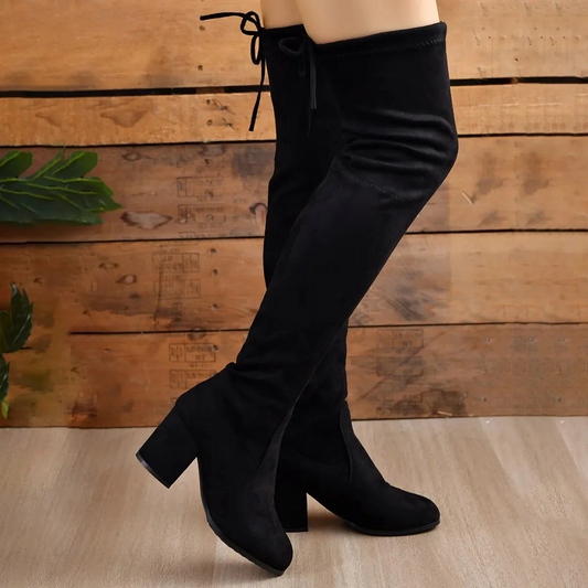 Women’s Over-the-Knee Boots – Stretch Fit – Faux Suede – Block Heel – Lace-Up Back