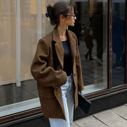 Women’s Oversized Blazer – Relaxed Fit – Soft Texture – Notched Lapel – Flap Pockets