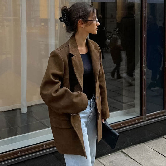 Women’s Oversized Blazer – Relaxed Fit – Soft Texture – Notched Lapel – Flap Pockets